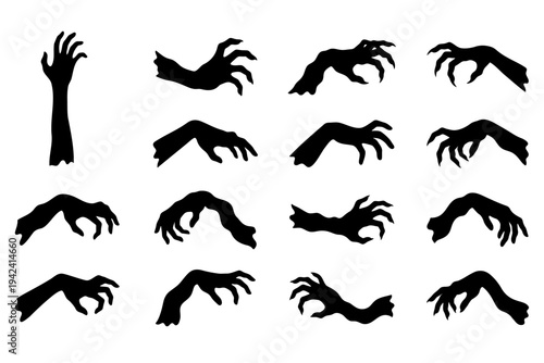 Collection of scary black zombie hand silhouettes reaching out