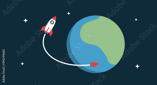 Rocket ship orbiting planet earth in space with stars minimalist flat vector illustration design