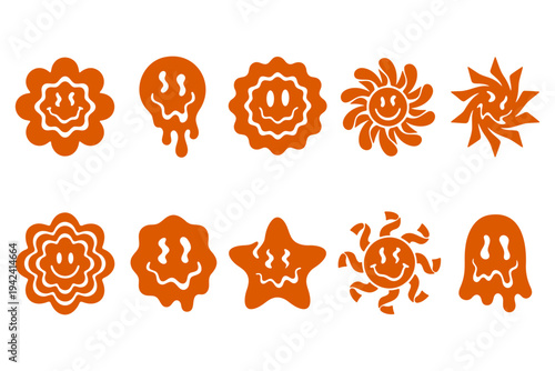 Set of retro psychedelic orange melting smiling face icons