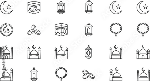 Islamic Ramadan line icon set mosque lantern crescent Kaaba prayer beads dates Muslim religious symbol outline vector collection