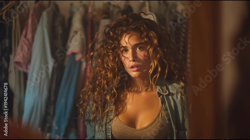 Beautiful young woman with voluminous curly hair fixing her hairstyle while looking in a bedroom mirror during her morning beauty routine in a cozy sunlit walk-in closet.