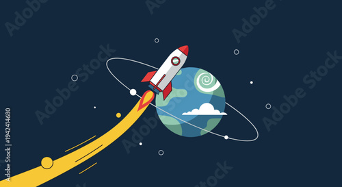 Rocket ship blasting off into space orbit around the earth with flames and smoke trail