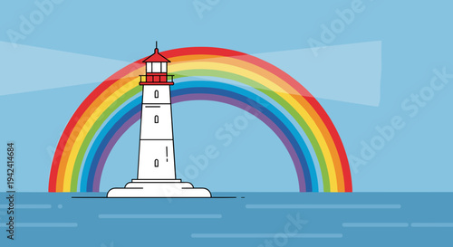 Minimalist vector lighthouse standing tall under a vibrant rainbow in a serene ocean landscape with clear blue sky