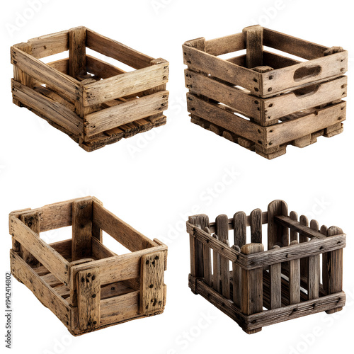 Wooden crates collection against a transparent background for design and product display