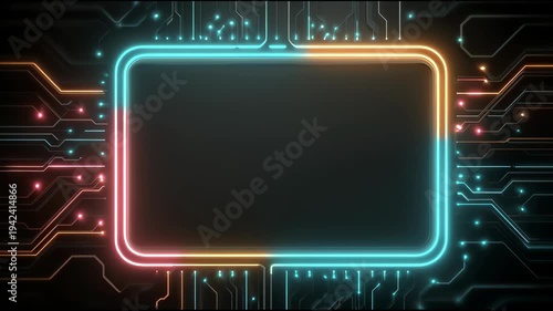 Futuristic neon circuit board animation featuring a glowing rectangular frame with moving light pulses on a dark background for tech and cyber concept mockups.