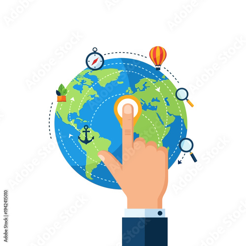 Global Navigation: Hand Taps World Map Pin, Travel Planning, Search, Adventure