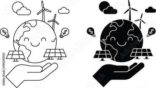 Renewable energy concept smiling earth solar panels wind turbines eco friendly sustainable power green technology vector illustration design