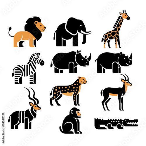 Collection of various African safari animals in a flat graphic style.