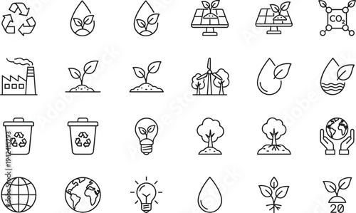 Eco sustainability line icon set renewable energy recycling water leaf tree environmental protection outline vector illustration collection