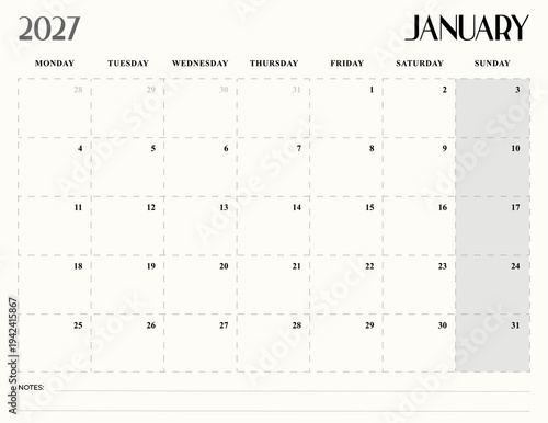 January 2027 Minimal Monthly Calendar – Monday Start Printable Office Planner Template With Notes