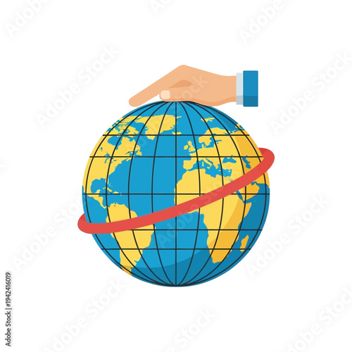 Hand holding the Earth globe with a red ring around it, symbolizing global protection and care