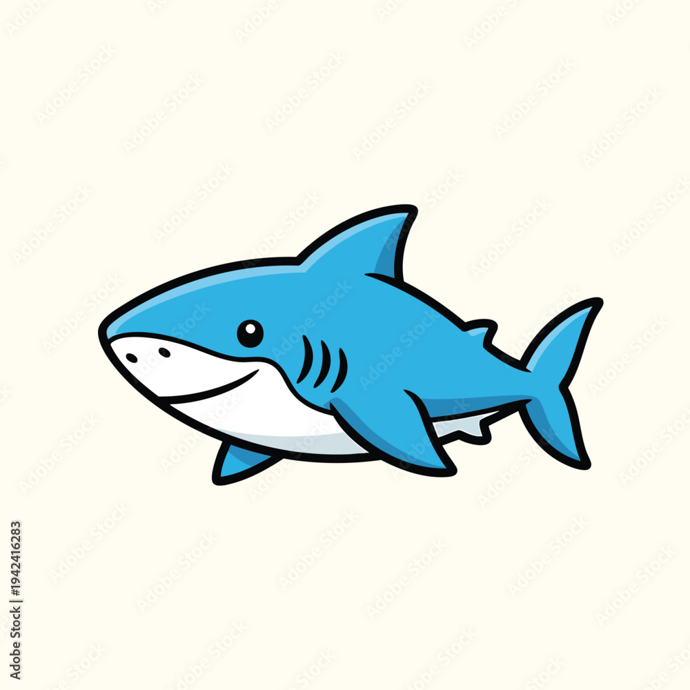 Fototapeta premium A cartoonish, side-profile illustration of a shark. It has blue body, white belly, a smiling face, and a black outline