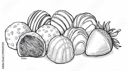 A detailed black and white drawing of various gourmet chocolates and truffles, some whole and some cut open to show their rich fillings.
