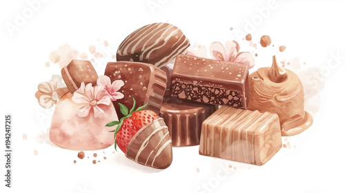 A delightful watercolor illustration of assorted gourmet chocolates and a chocolate-covered strawberry, perfect for a sweet treat.