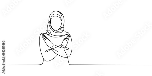 Single continuous line drawing young Arabian woman crossing arms and saying no gesture. Person making X shape, stop sign with hands and negative expression. One line draw design vector illustration
