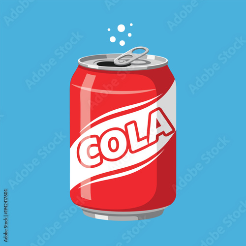 A red soda can with white accents and "COLA" written across it, set on a blue background with bubbles above