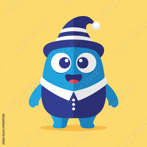 A smiling, anthropomorphic creature with big eyes and a dark-blue outfit. It wears a striped hat and has a light yellow background