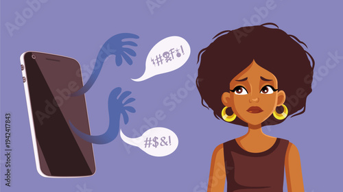 Unhappy Woman Suffers from Online Bullying Vector Illustration. Girl feeling rejected by everybody online receiving hate comments
