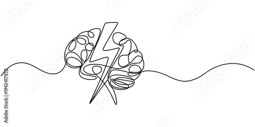 Brain with Lightning Bolt continuous one line drawing, One continuous line drawing of thunderbolt strike inside human brain logo icon. Fast process of thinking logotype symbol template concept. Trendy