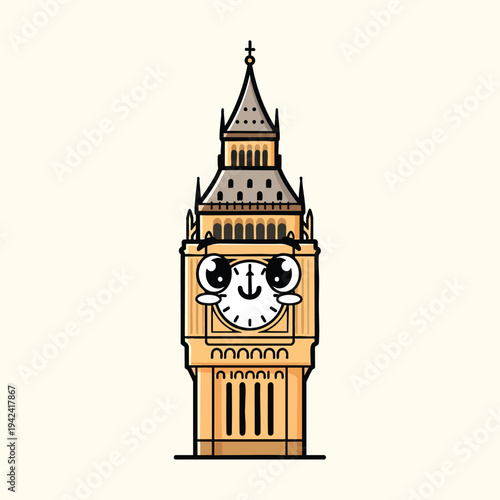 A cartoon depiction of a tall, multi-tiered structure with a clock face. The building is beige, detailed, with a cross at the top and a friendly face