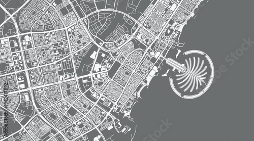 Minimalist Vector Illustration of Dubai City Map Featuring Palm Jumeirah, United Arab Emirates, Urban Street Layout on Grey Background