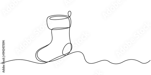 self drawing of Christmas stocking in one continuous line on a white background. Christmas and New Year vector illustration. Christmas concept. Minimalistic style.
