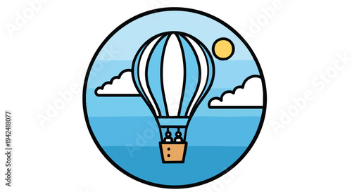 A cartoon-style illustration of a hot air balloon floating in a blue sky with clouds and a yellow sun, all within a circle