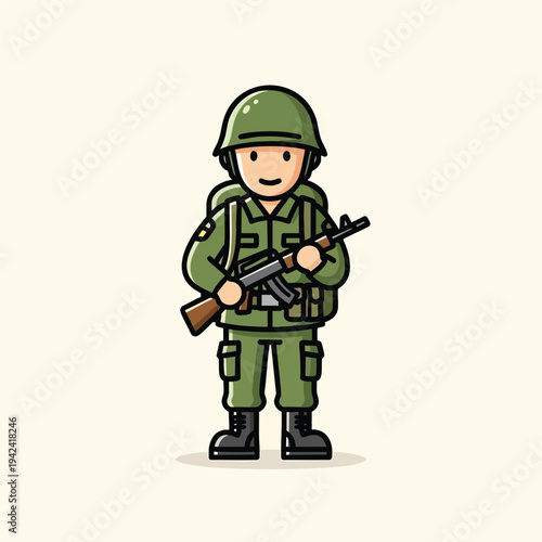 A cartoon soldier is standing with a rifle, wearing a green helmet and uniform, and has a backpack. The soldier has a friendly expression