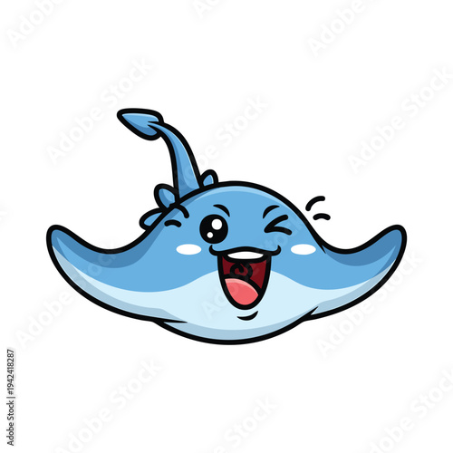 A cartoon-style illustration of a happy stingray with light blue coloring and a cheerful winking expression. It has a smiling mouth open