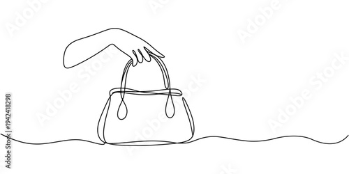 Continuous one line drawing of Lady's hand bag. Hand holding handbag single line art vector illustration. Editable vector.