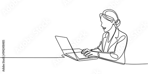 women with laptop continuous one line drawing,  one line drawing of businesswoman working on laptop. Middle aged business woman using laptop working on computer sitting at desk