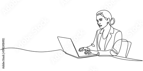 women with laptop continuous one line drawing,  one line drawing of businesswoman working on laptop. Middle aged business woman using laptop working on computer sitting at desk