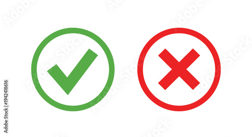 Green check mark and red x symbols in circular frames isolated design
