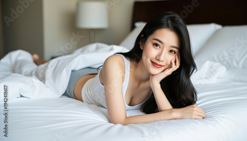 Serene Awakening: A woman lies relaxed on a soft bed, her face radiant with a gentle smile as the morning light gently caresses her, capturing the tranquility of a fresh start.