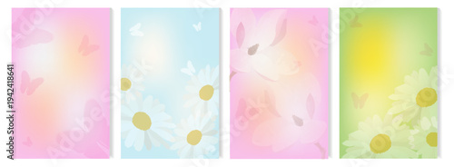 Spring , summer background set. Four vertical banners with soft blurred pastel gradients, butterflies, magnolias, and daisies. Minimalist fresh design for social media stories or seasonal ads.