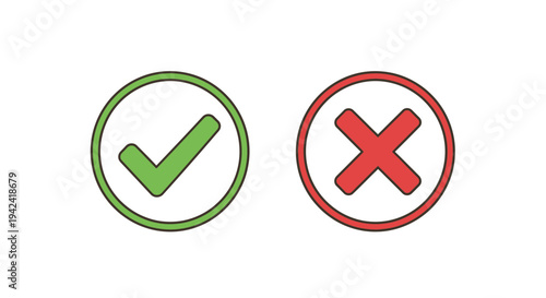 Green check mark and red x symbols in circular frames on white background