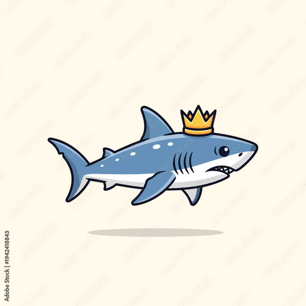 Obraz premium A cartoon-style shark wearing a gold crown on its head. The shark is a light blue color with a white underbelly, black outlines, and dot details