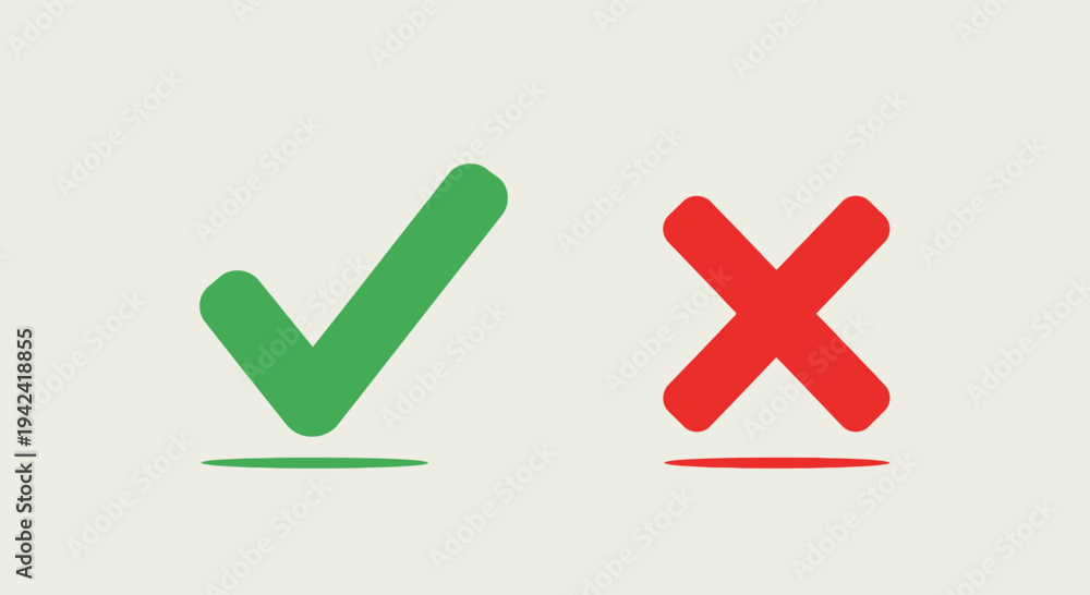Obraz premium Green check mark and red x symbols on a beige background