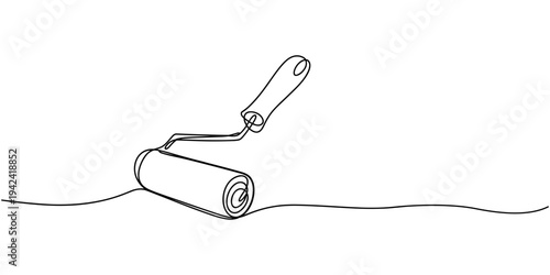Continuous one line drawing of paint roller, paint roller brush work industry object line art, one line art paint roller vector illustration, Continuous editable line drawing of paint roller. 
