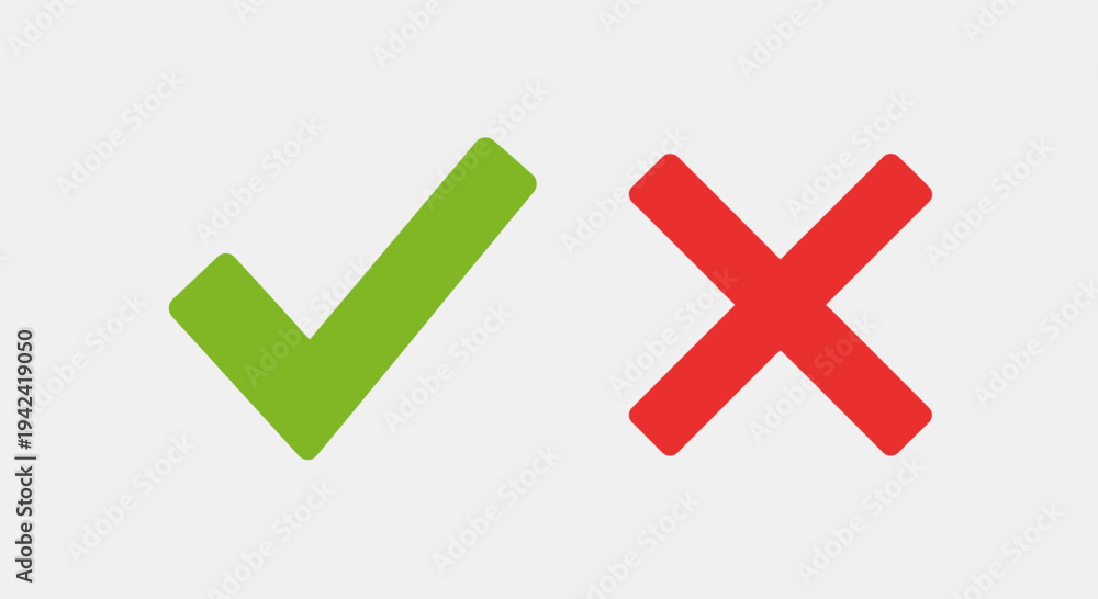 Obraz premium Green check mark and red x symbols on a plain background