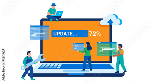 Software Update and System Maintenance Concept with Tiny Developers Working on Laptop, Progress Loading Bar and Cloud Computing Flat Vector Illustration