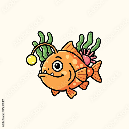 A smiling, cartoonish, orange fish with a glowing lure swims alongside seaweed and a pink anemone. It has spots