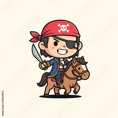 A cartoon pirate with a bandana, eye patch, and a sword rides a horse, smiling and ready for adventure. The background is cream