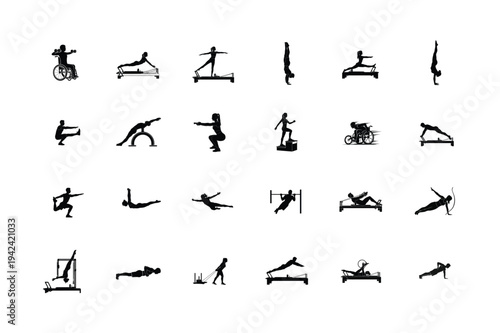 Advanced yoga and bodyweight fitness silhouettes featuring crow pose headstands and deep flexibility stretches isolated on white
