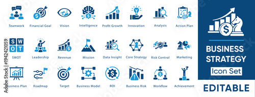 Business strategy icon set. SWOT, ROI, leadership, roadmap, mission, vision, risk control, financial goal, business model and more. Solid vector icons collection.