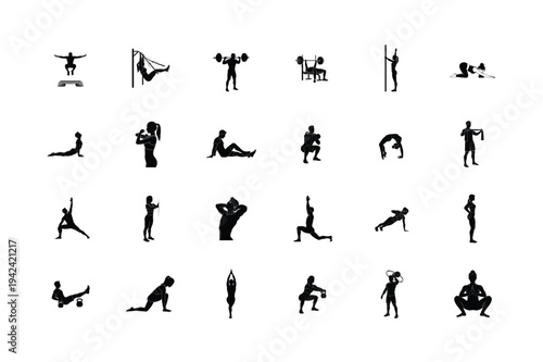 Comprehensive black solid sports silhouettes featuring track and field water sports cycling fencing and archery isolated on white