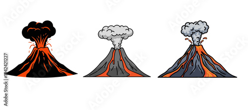 Set of Three Erupting Volcano Illustrations with Lava and Smoke Clouds Isolated on White Background