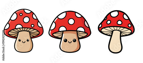 Set of Three Cute Red Spotted Mushroom Illustrations with Kawaii Faces Isolated on White Background