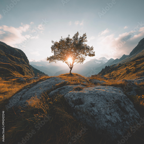 Tree on the mountain with nature background. 