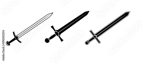 Set of Three Medieval Longsword Illustrations in Black and White Outline and Silhouette Styles